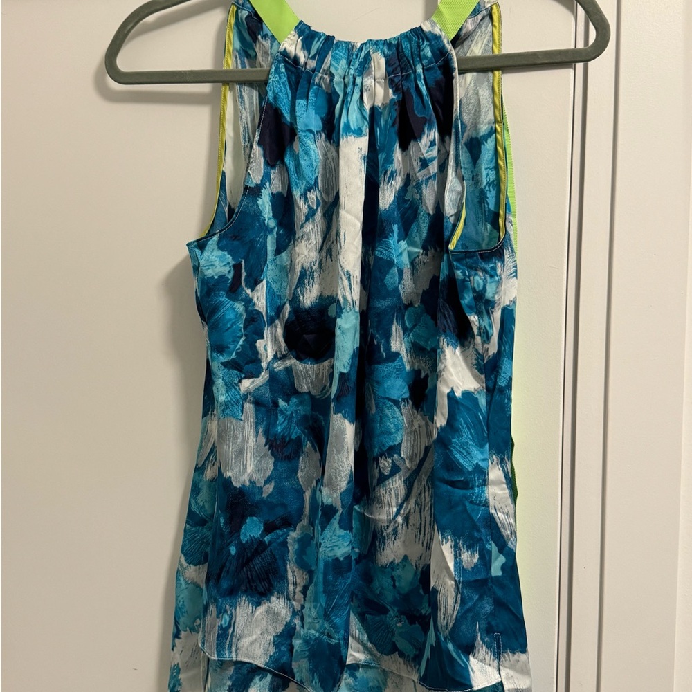 Tahari Blue Floral Halter Dress with Lime Trim